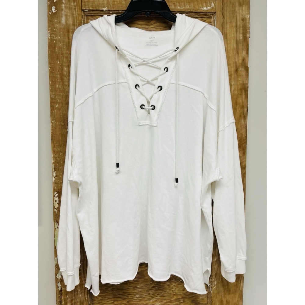 Aerie Lace Up Hoodie L White Long Sleeve Oversized Pullover Fisherman Beachy Y2K